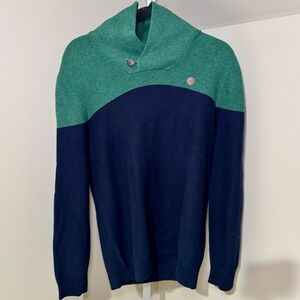Springfield Mens Shawl Collar Sweater Green Navy Blue Colorblock Cotton Large